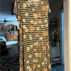 LuLaRoe Orange and Green Floral Striped Midi Dress
